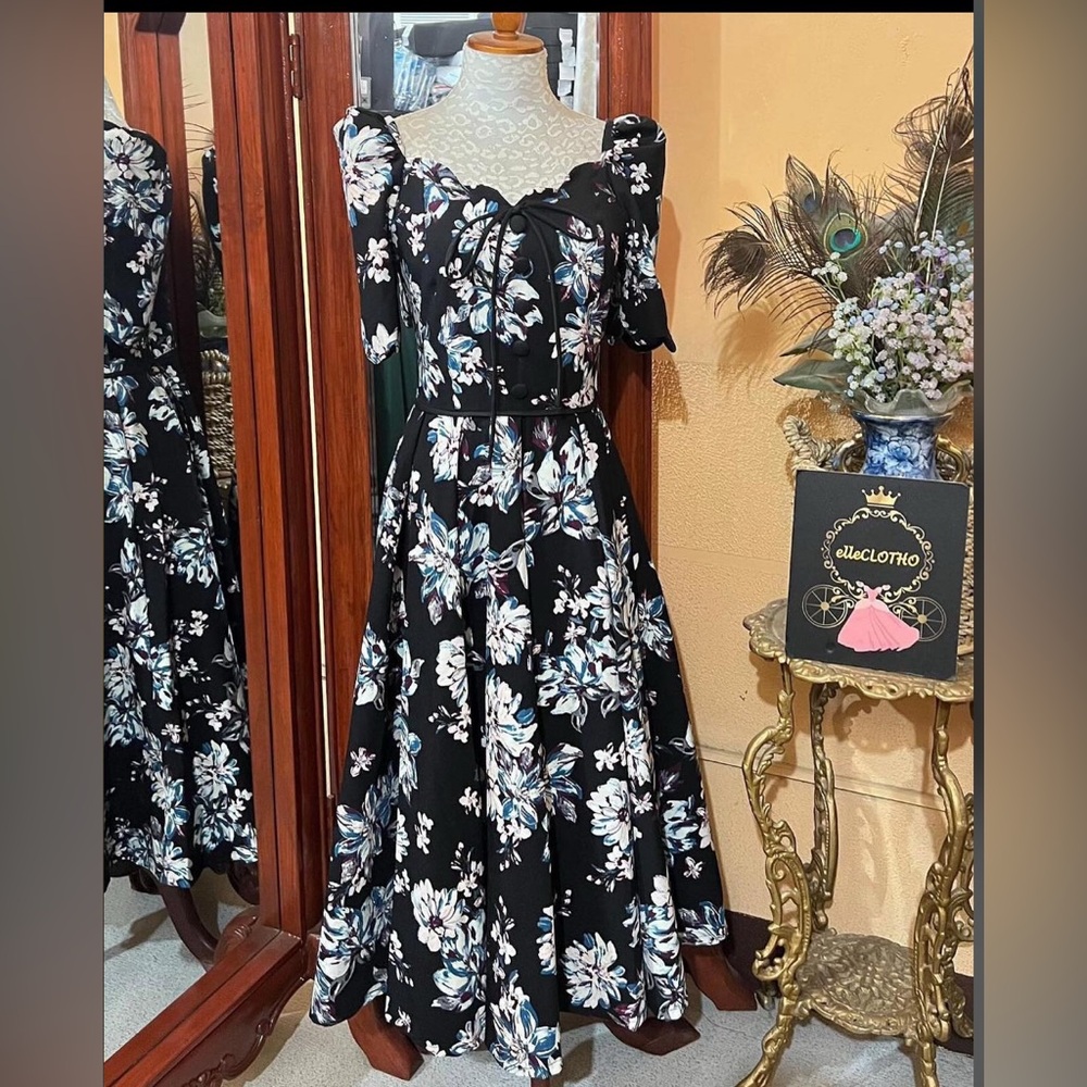 Elegant Floral Black and Blue formal dress